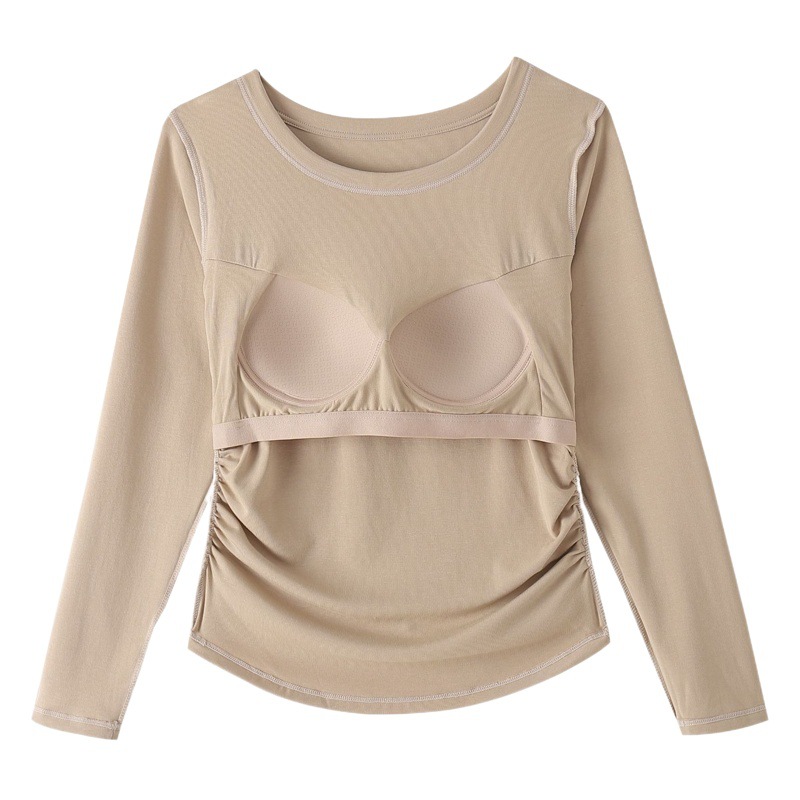 With chest pad integrated long anti-exposure wireless Cup round neck long sleeve top bottoming can be worn outside dovetail T-shirt