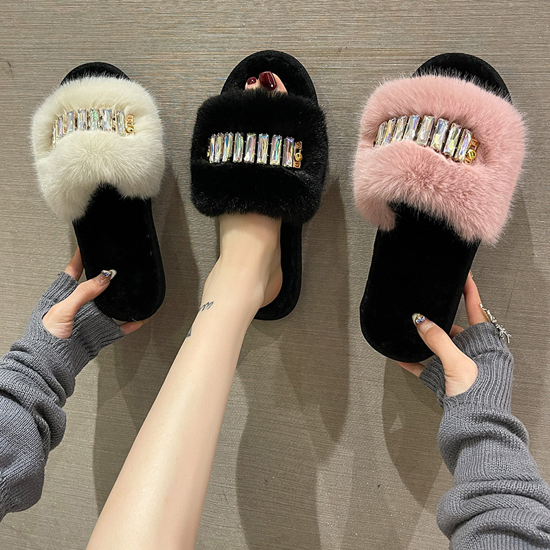 Cross-Border New Color Chain Home Furry Slippers Women's Fashion Warm Large Fur Rhinestone Flat Slippers Foreign Trade