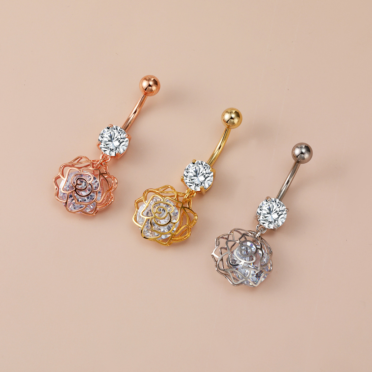 in stock hot selling human body piercing navel ring flower hollow with drill navel nail personality niche fashion navel buckle