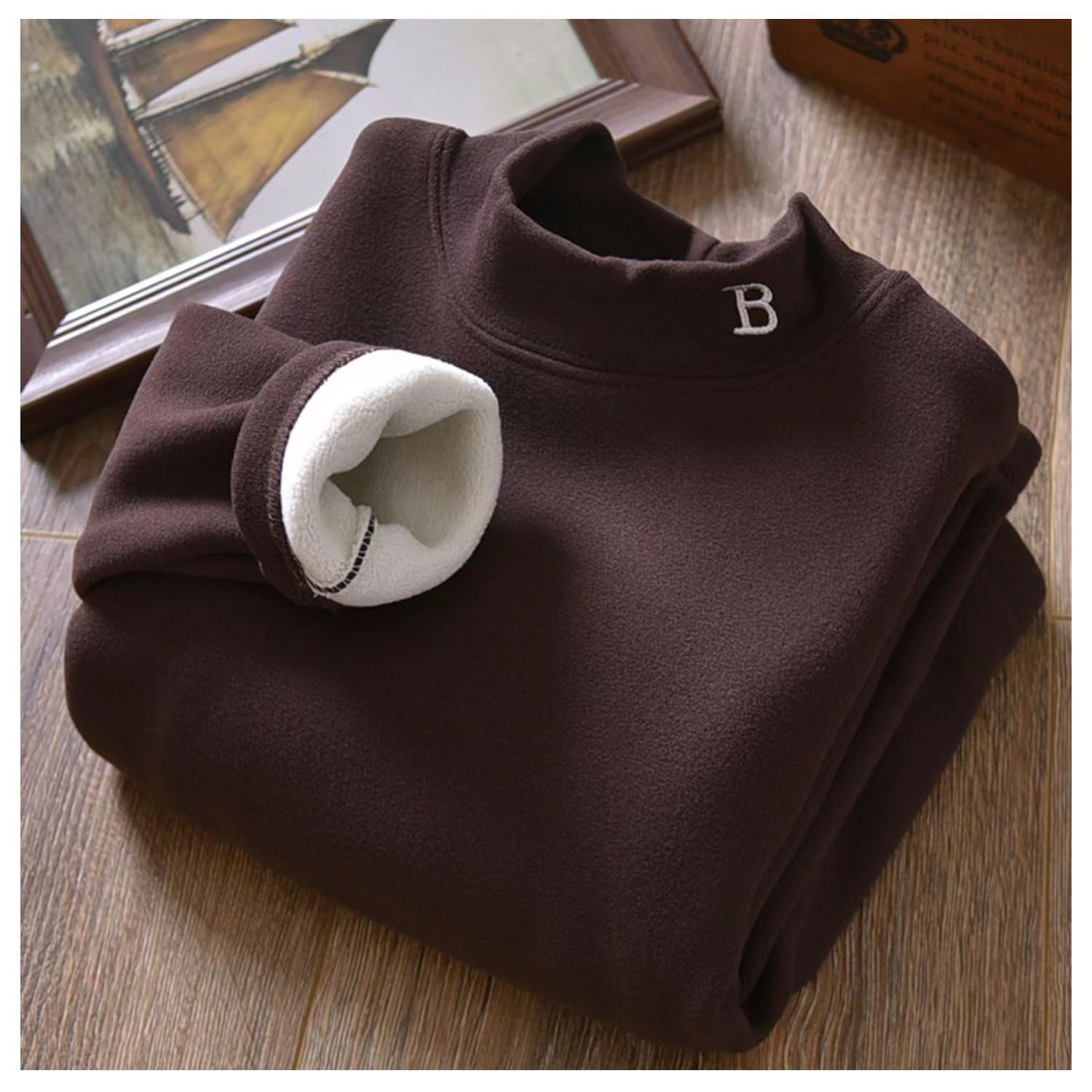 Picture of Boy's velvet autumn and winter half turtleneck warm clothes winter fleece-lined thickened medium and large children's solid color bottoming shirt boy