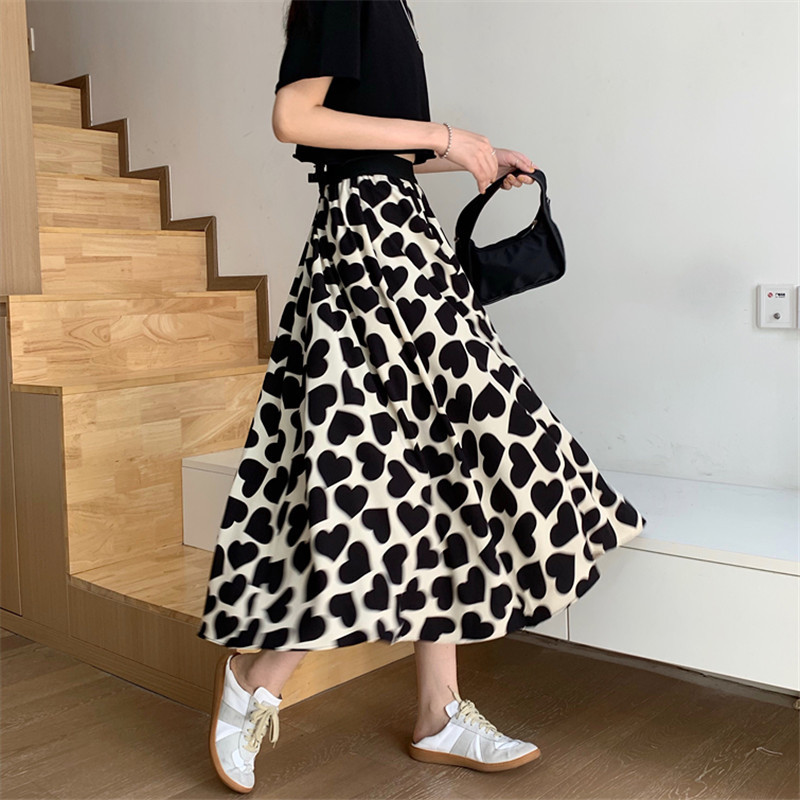 2025 New Women's Clothing Korean Style Slimming Look Heart Printed Skirt Elastic Waist Draped Mid-Length A-Line Skirt