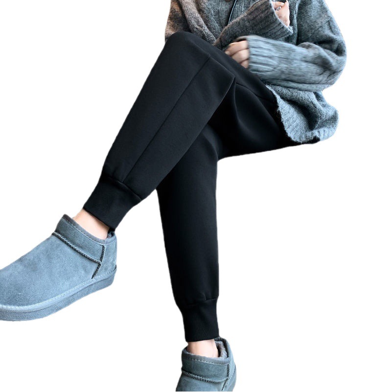 Fleece-lined sports pants women's thickened outer wear black lambswool trousers autumn and winter harem loose ankle-tied casual pants