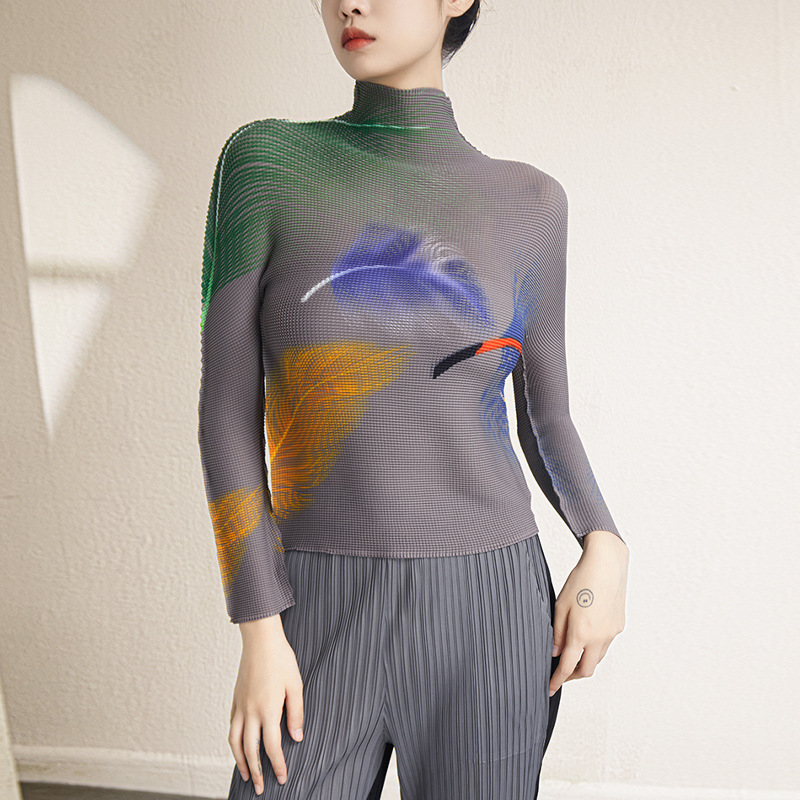 Picture of Miyake's New Half Turtleneck Stretch Slim Printed Bottoming Shirt Top 2025 Autum Pleated Long-Sleeved T-Shirt for Women