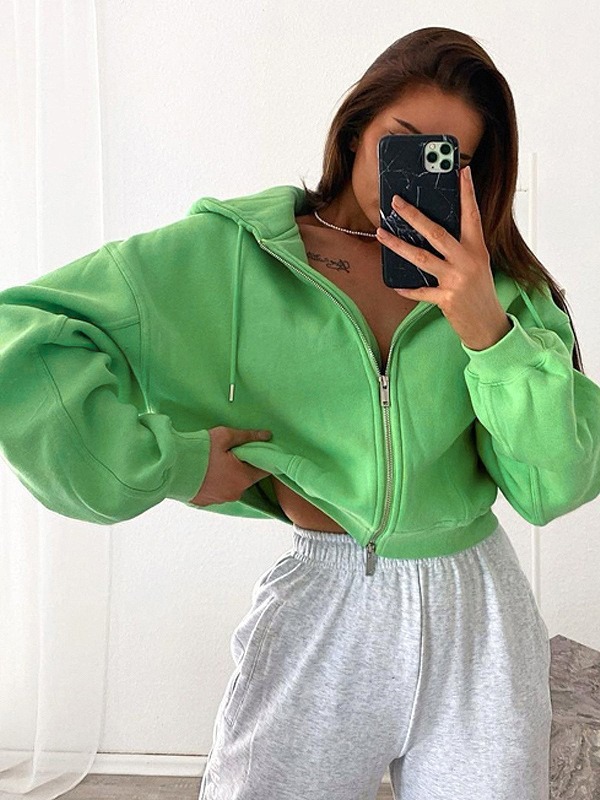 European and American Style 2023 Autumn and Winter Solid Color Round Neck Long-Sleeve Hooded Zip-Up Cardigan Sweatshirt for Women, Trendy and Versatile