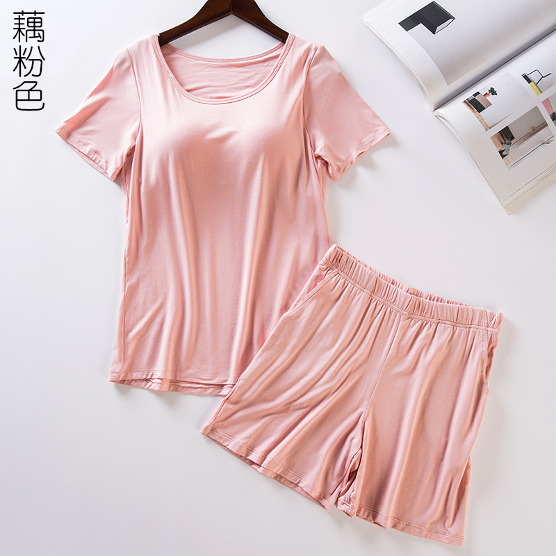 Picture of Modal Women's Padded Short-Sleeved Pajamas Set Bra-T All-In-One Bra-Free Half-Sleeved Loose Shorts Home Clothes