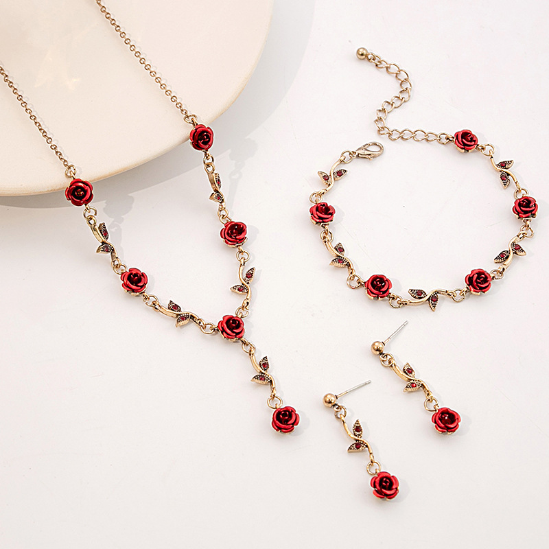 Picture of French Girl Mori Rose Earrings Vintage Romantic Red Flower Bracelet Niche Design Sense Necklace suit