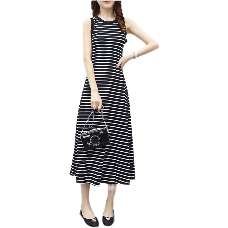 Picture of [Real shot] Korean-style elegant slimming striped dress women's summer retro simple sleeveless vest skirt A- line long skirt
