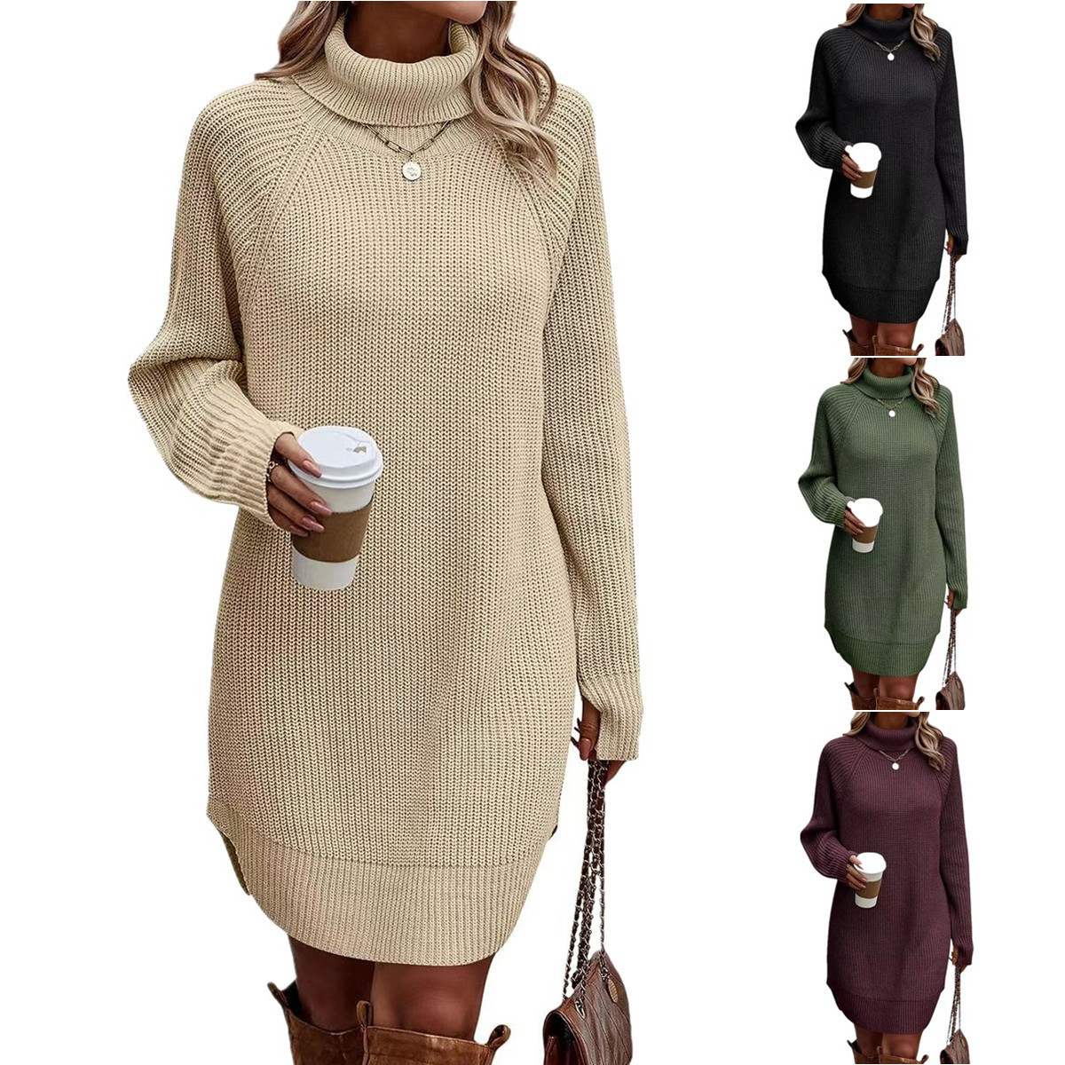 Cross-border Europe and the United States autumn and winter new fashion split pullover turtleneck sweater women's sweater dress