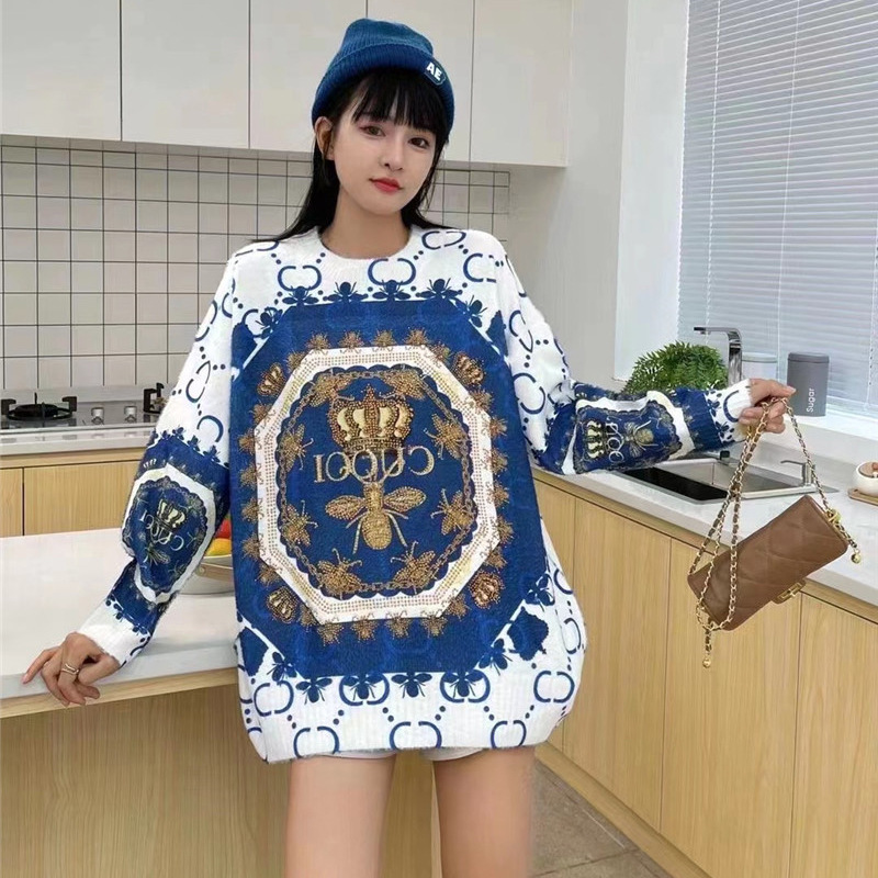 Fall/Winter 2023 Imitation Mink Sweater Women's Mid-length Hot Drill Printed Base Shirt Loose plus size Belly Covering Top