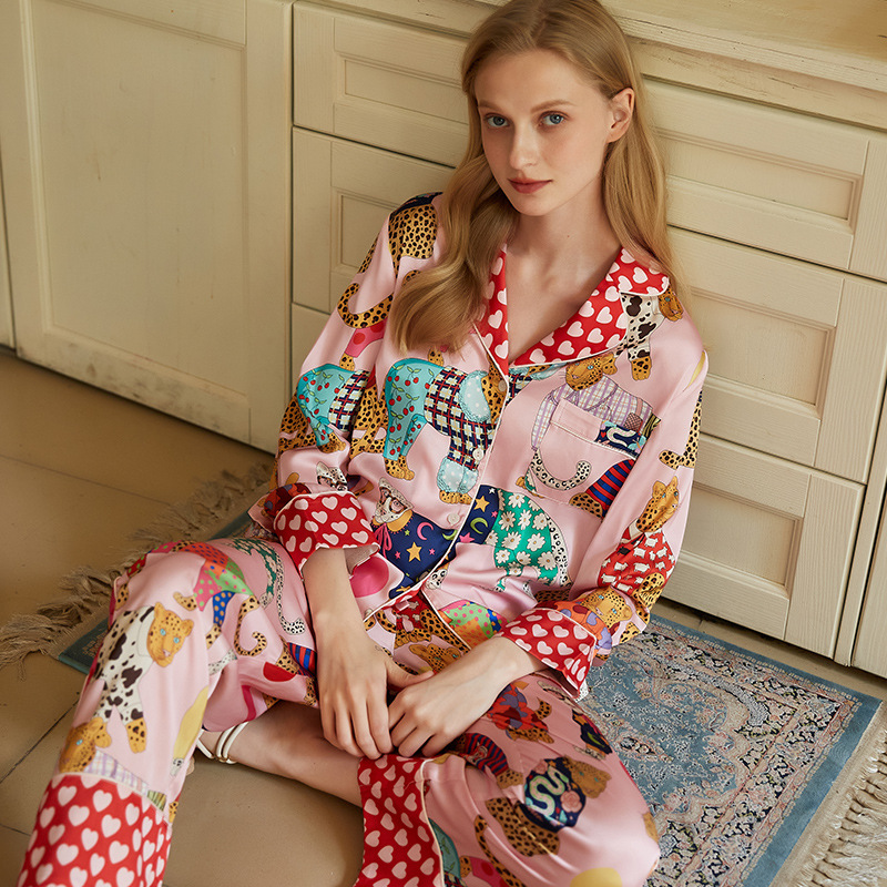 [Full Leopard] 2025 New Pajamas Women's Autumn Ice Silk Long Sleeve Suit Spring and Autumn Thin Printed Home Clothes