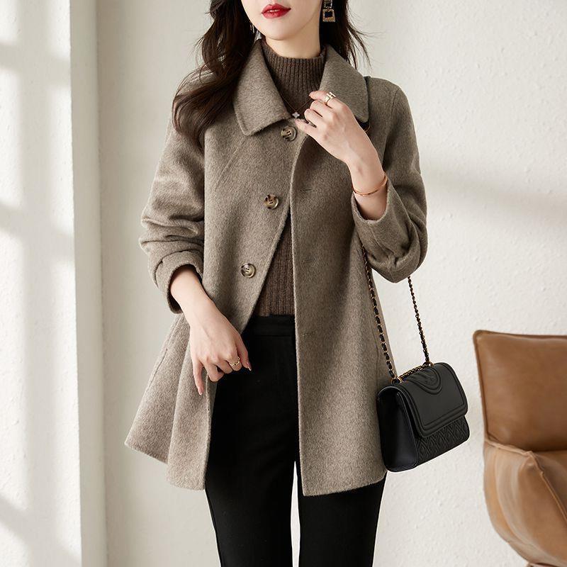 2025 Autumn/Winter New Hepburn Style Mid-Length Slim Fit Doll Collar Petite Wool Coat for Women