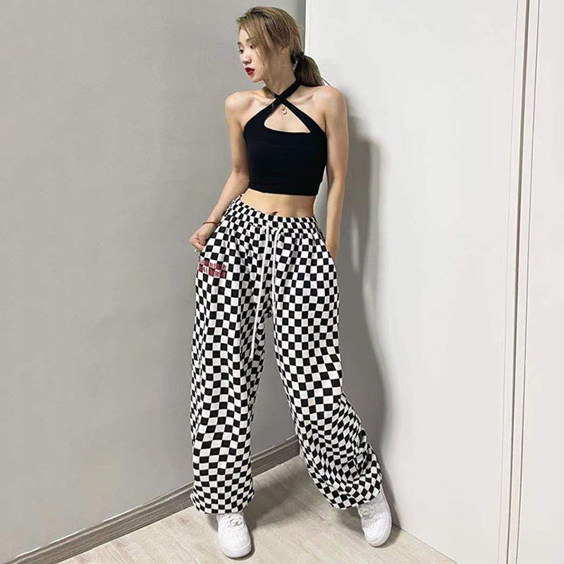 Picture of Black and White Chessboard Plaid Pants Women's Hip-hop 2024 Loose Wide-leg Trendy Jazz Dance Casual Sports Pants High Street Trendy