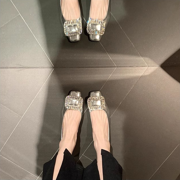 Grape Mom's Same Style Rhinestone Shallow Mouth French Square Toe Silver Flats Genuine Leather Flats for Women 2025 Spring & Fall New Style