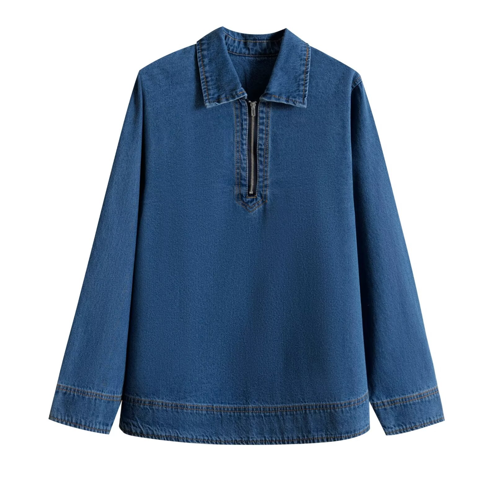 ZA cross-border women's clothing wholesale European and American style spring new lapel half zipper loose casual long sleeve Denim shirt