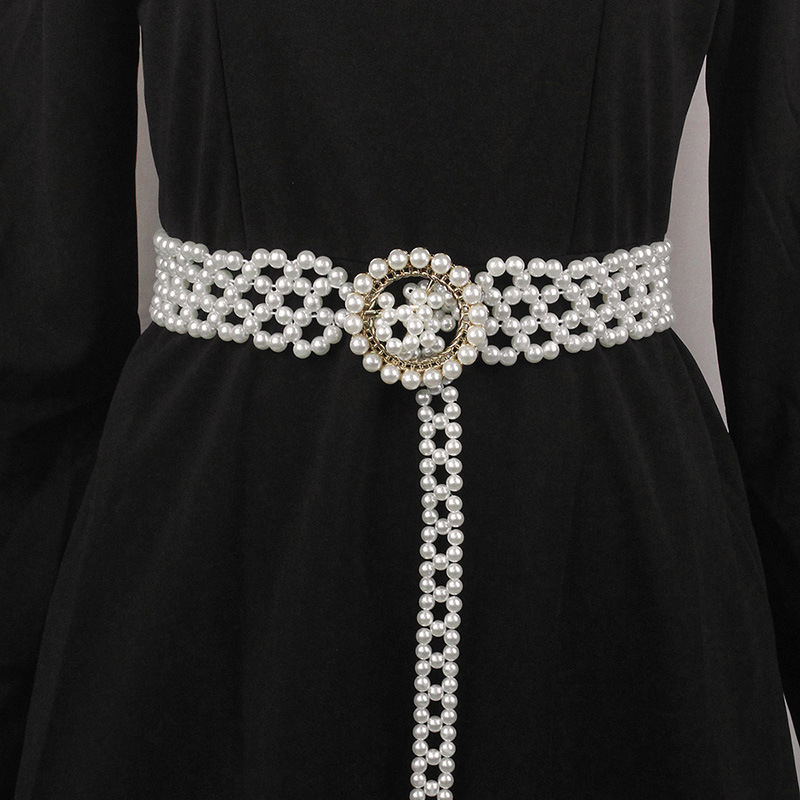 Picture of Fashion Sweet Elegant String Pearl Belt Elastic Wide Diamond Waist Seal European and American Retro Dress Decorative Belt for Women