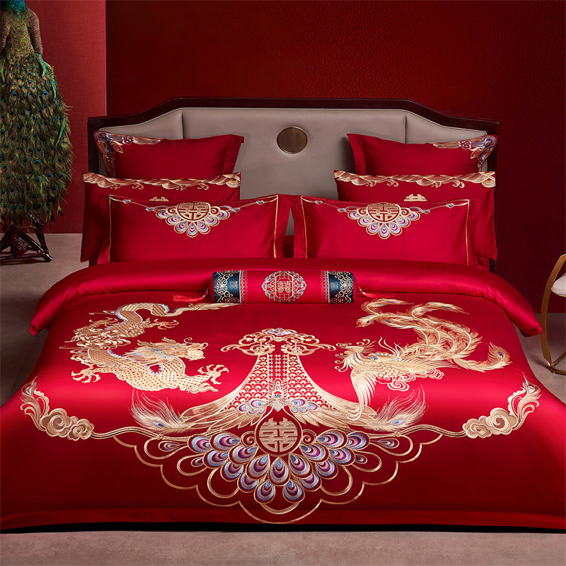 Picture of High-End 120S Pure Cotton Long-Staple Cotton Wedding Four-Piece Set New Chinese Style Dragon and Phoenix Embroidery Wedding Red Bedding