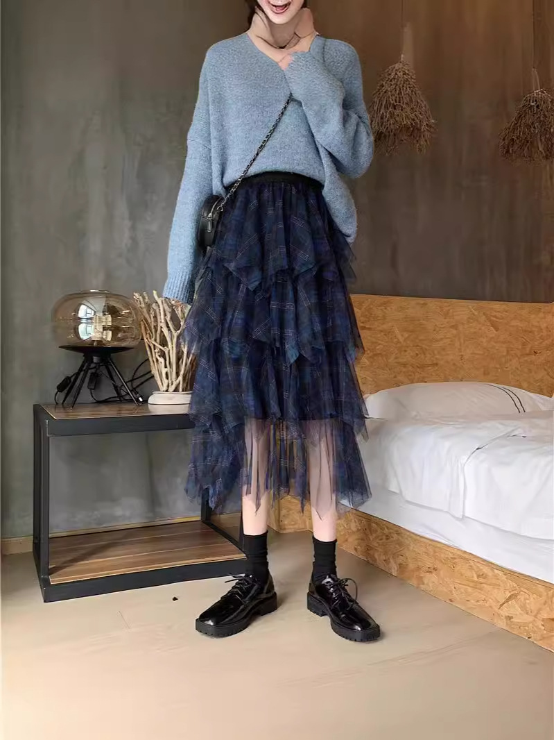 2024 Spring and Summer New High-waisted Asymmetrical Mid-length Multi-layered Fluffy Mesh Plaid Splicing Skirt for Women
