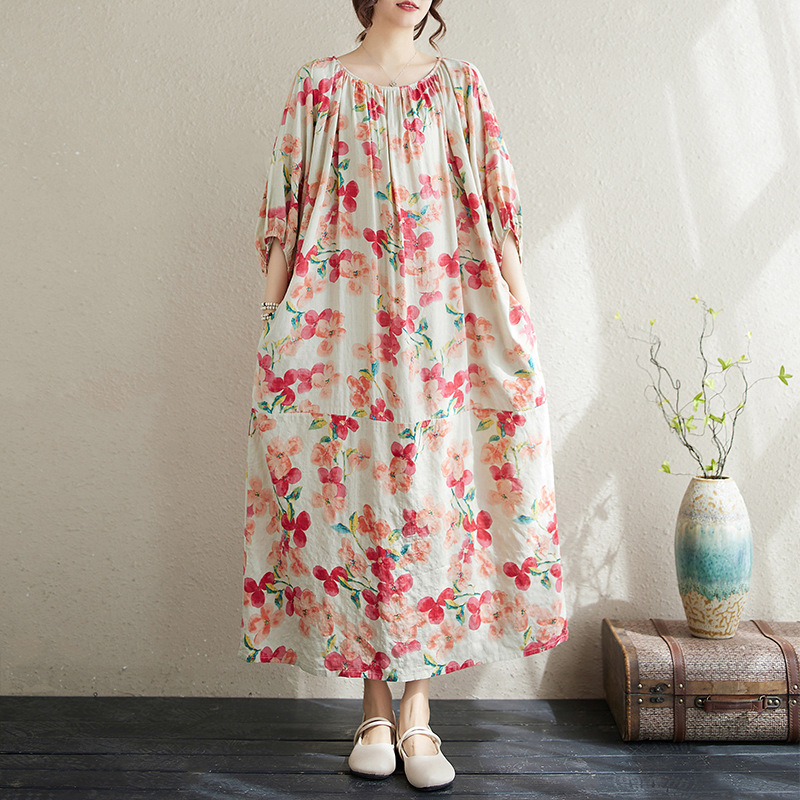 Summer Vintage Artistic Cotton and Linen Printed Long Dress Large Size Loose Flesh Covering Slimming Vacation Style Robe Dress for Women