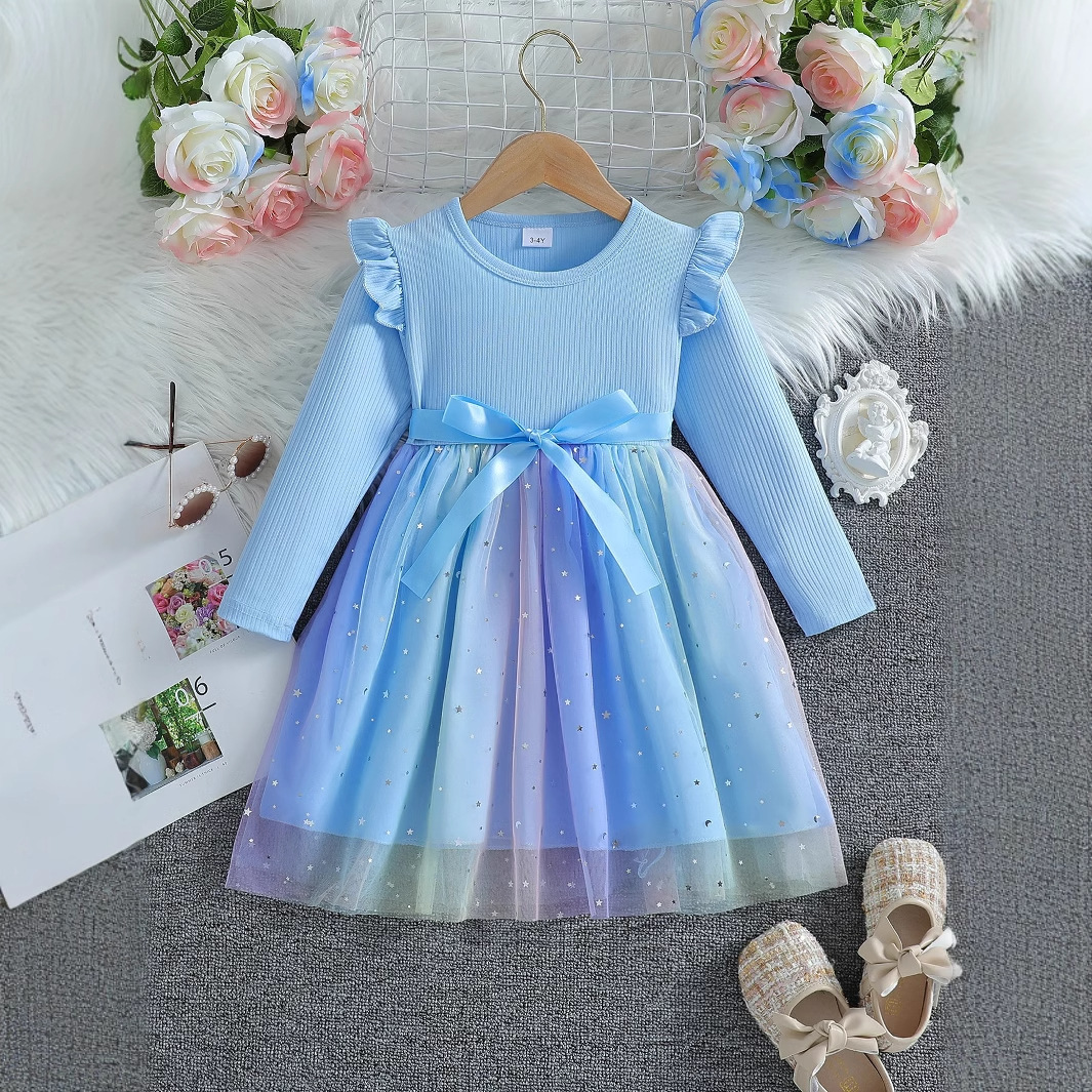 Foreign Trade Cross-border Girls Long-sleeved Bow dress 2024 Autumn New Children's Fashionable Mesh Dress Princess Dress