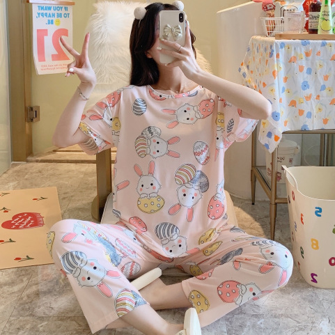 Picture of Pajamas Women's Spring and Autumn Summer Short-sleeved Trousers Large Size Loose Korean Style Fresh Cute Sweet Student Home Suit