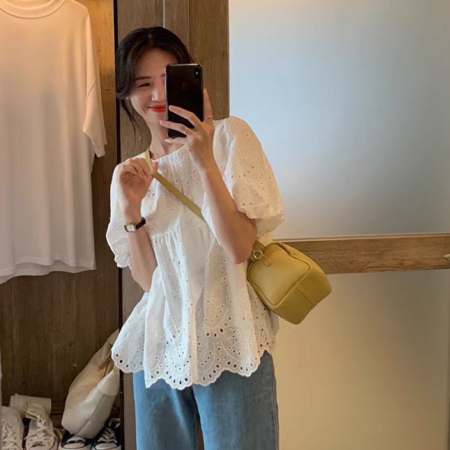 Summer new French style embroidered doll shirt women's white hollow bubble short sleeve top design sense niche