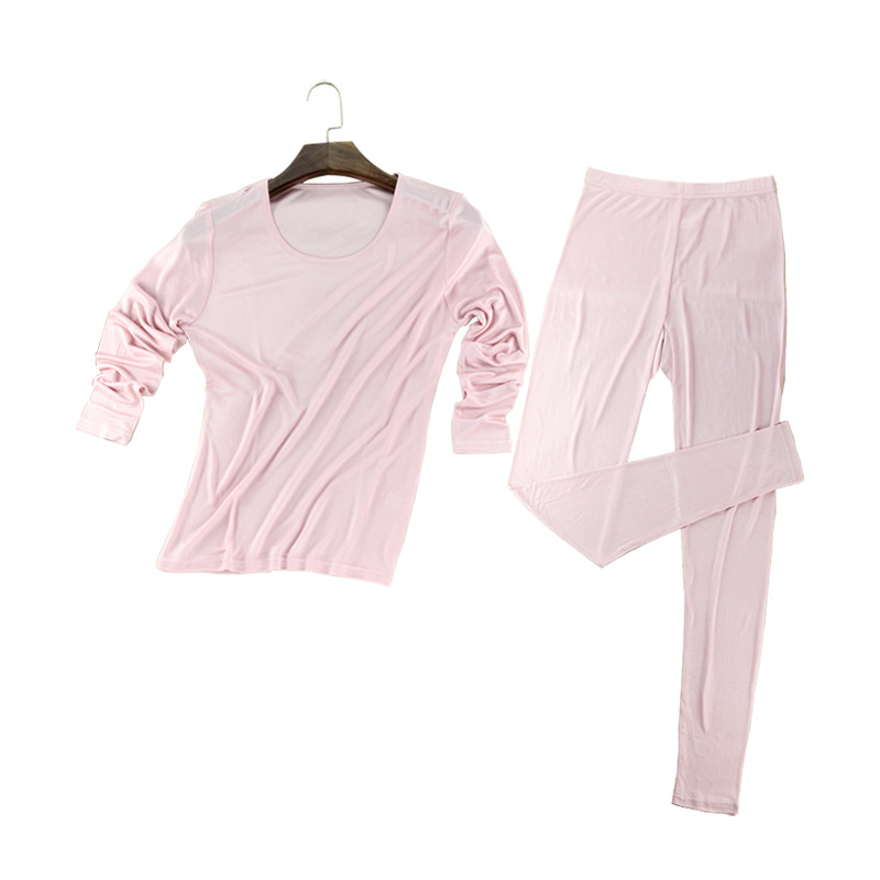 Picture of Huaye Women's Autumn and Winter Solid Color Silk Double-Sided Knitted Low Round Neck Thermal Underwear Set Mulberry Silk Autumn Clothes and Autumn Pants