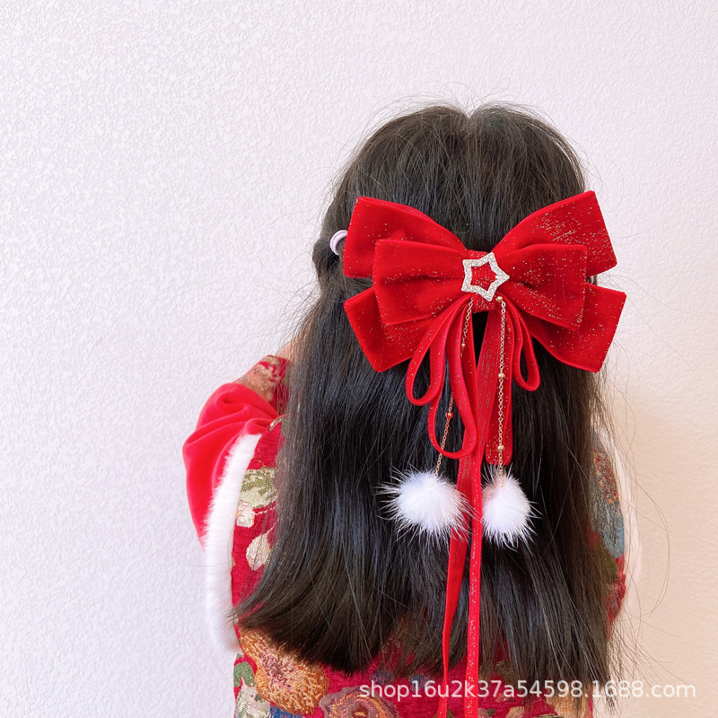 Children's New Year Bow Hairpin Girls Red Hair Accessories Internet Celebrity Little Girl Plush New Year Headwear Princess Hairpin