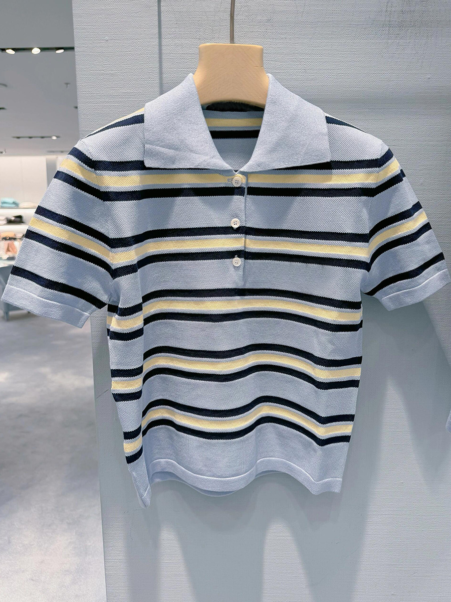 Miu Miu Blue Striped Polo Shirt Short-Sleeve Pullover Slim-Fit Sweet Versatile Top Women's Knitwear 2024 Spring