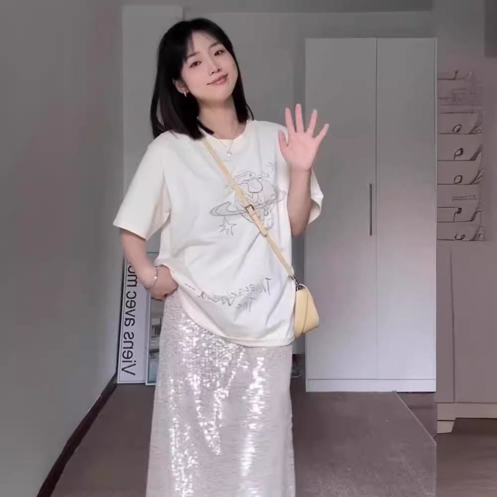 Picture of Free Printed Shoulder Short-sleeved T-shirt Women's Summer Thin Korean Style Design Sense Niche Loose Modal Top Trendy