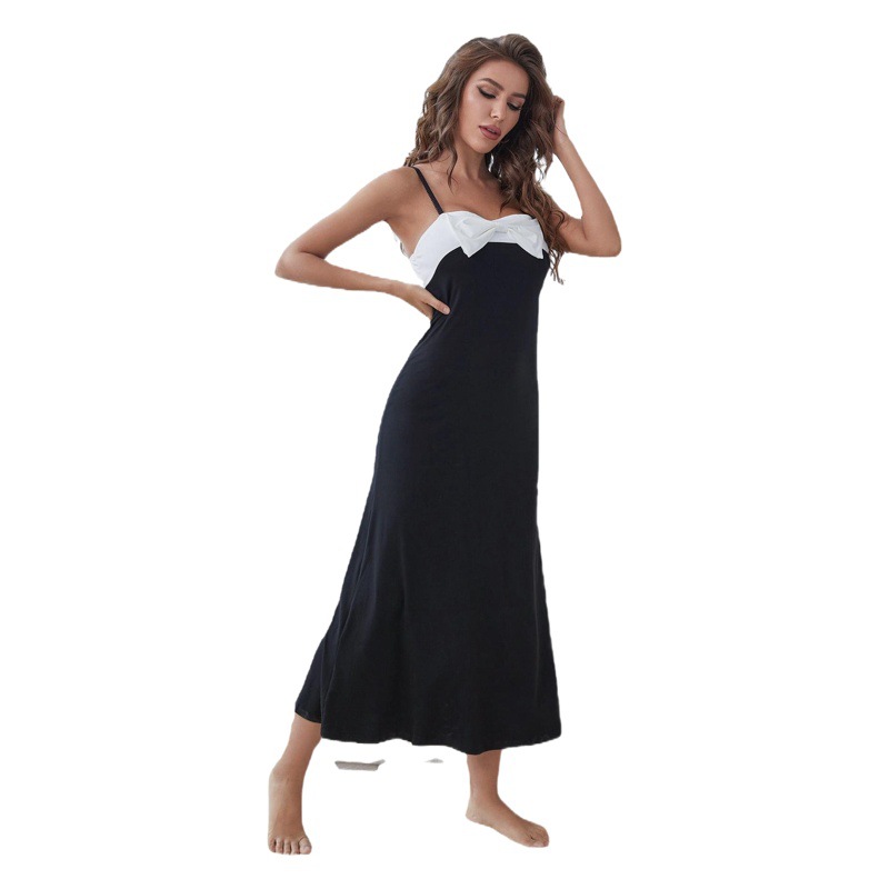 European and American Suspender Pajamas for Women Summer Sexy Light Luxury High-End Bow Splicing Long Nightgown for Women Cross-Border Amazon
