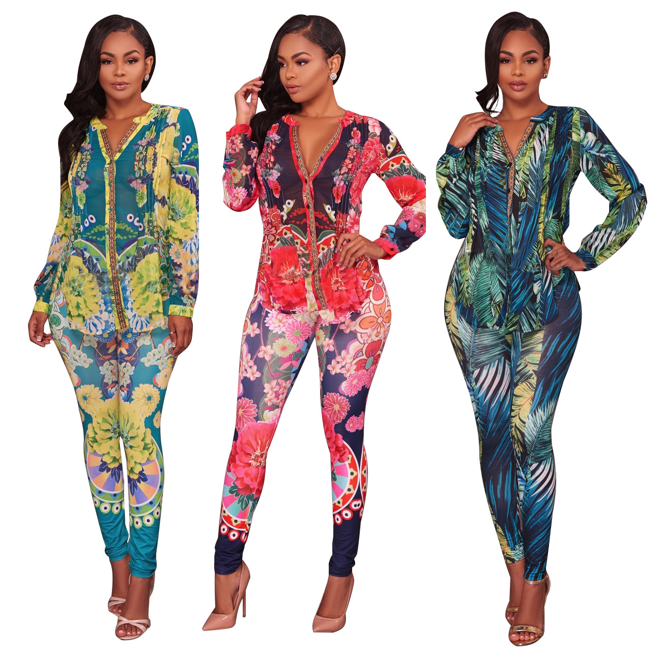 Plus size 2017 Amazon standard size sexy super hot digital printing European and American fashion style two-piece set