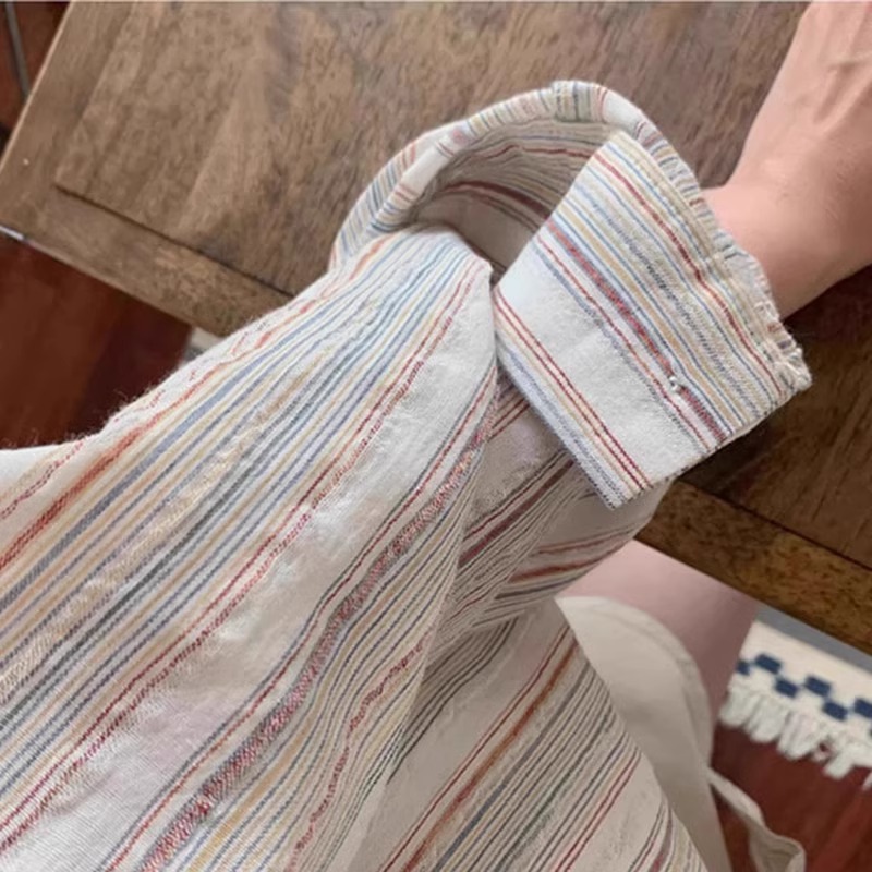 Picture of Striped Long-sleeved Sunscreen Cotton and Linen Shirt Jacket 2024 Summer New Style Thin Lazy Style Shirt Women's Top