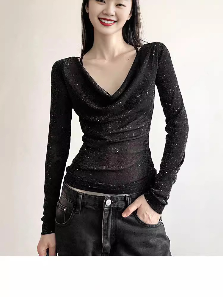 Picture of Original Fabric Unique and Chic Sequin Long-sleeved Women's Design Sense Fashion Micro-transparent Slim-fit Slimming Spice Girl Top Trendy