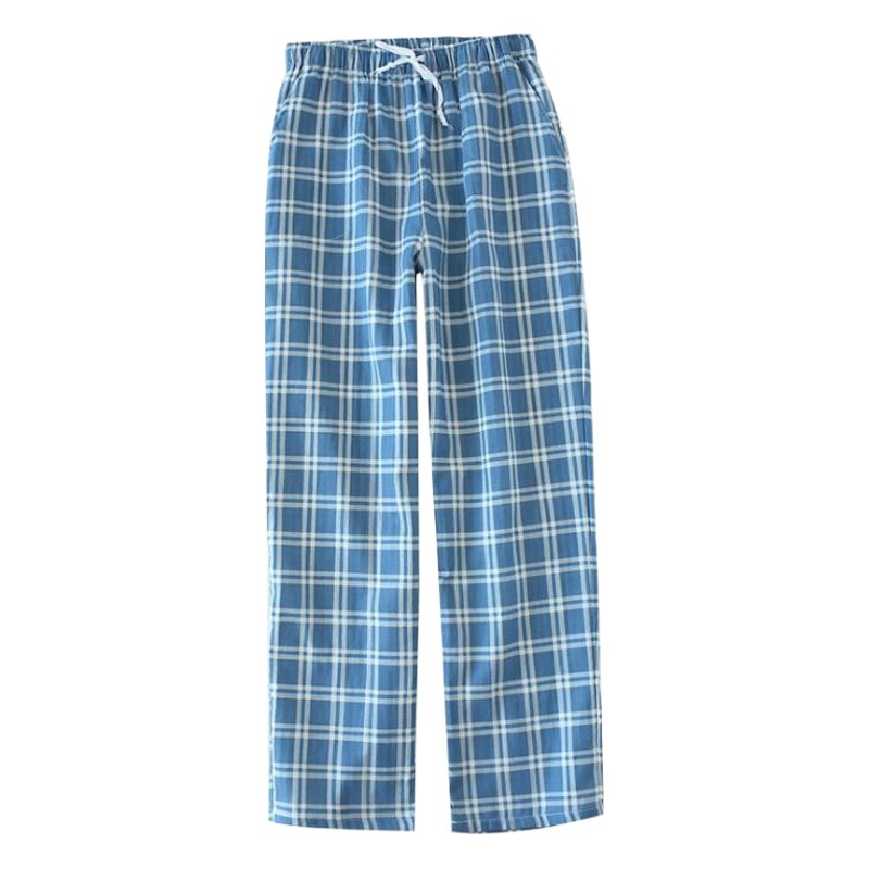 Spring and summer men's cotton home pants men's cotton plaid double-layer gauze trousers thin pajama pants loose casual breathable