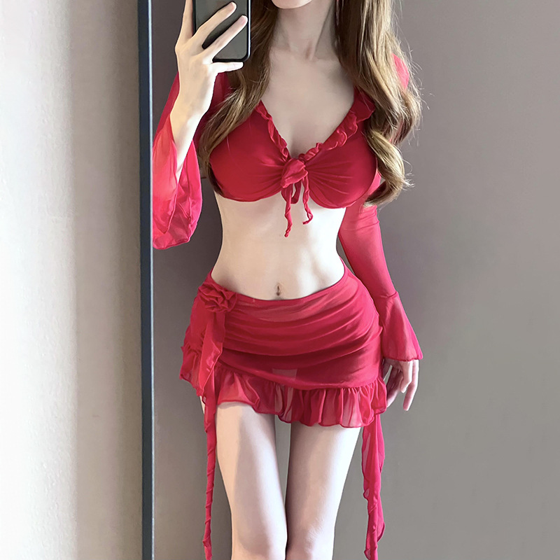 Red New Sexy Bikini Split Swimsuit Women's Summer Hot Spring Seaside Wear Small Chest Slimming Swimsuit Cross-border