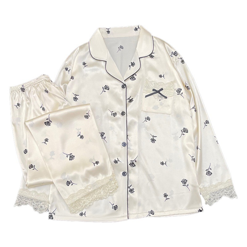 Vintage rose long sleeve pajamas women's spring and autumn thin high-end cardigan can be worn outside home suit real shot wholesale