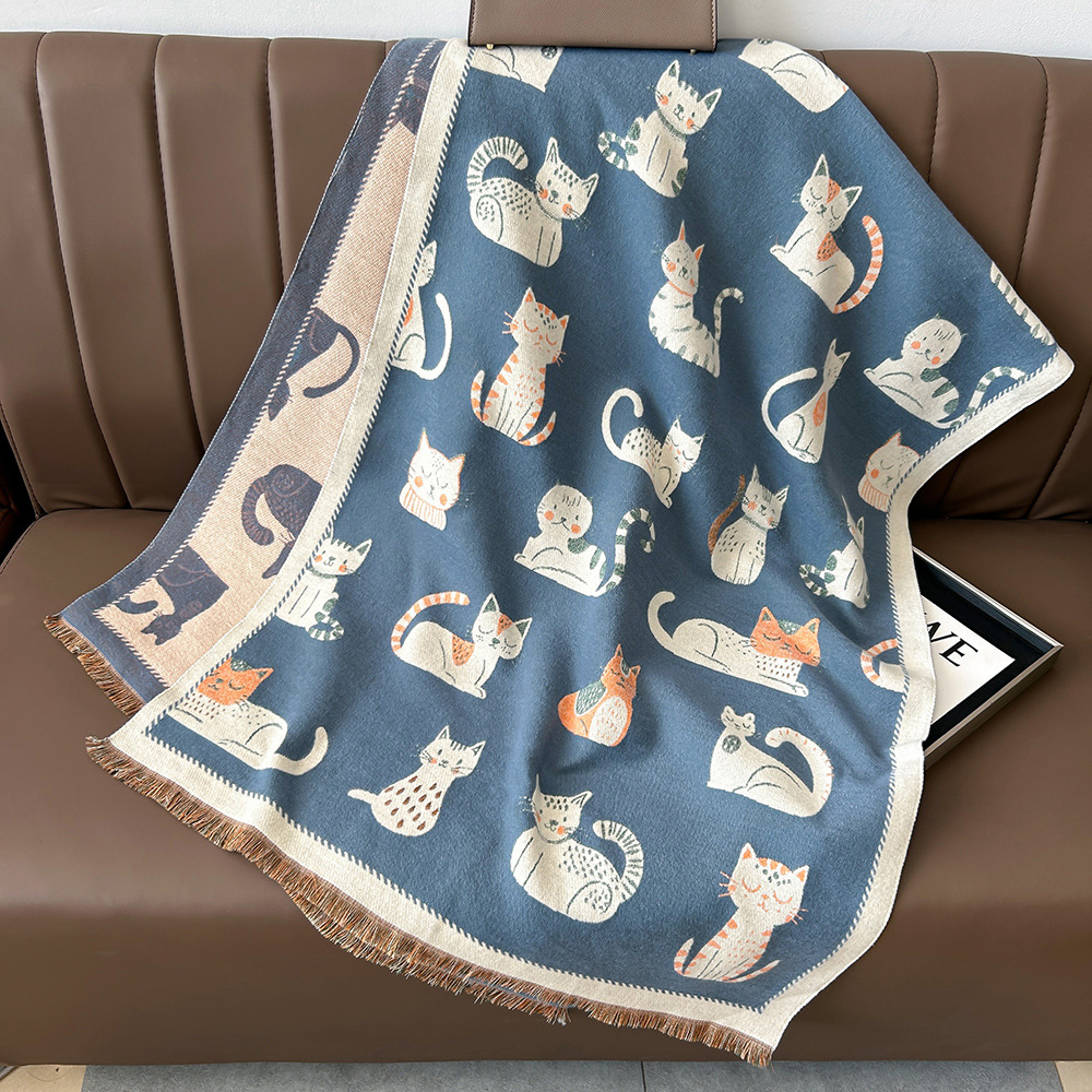 Cartoon Cute Cat Double-Sided Double-Wearing Imitation Cashmere Women's Winter Thickened Warm Neck Shawl Student Soft