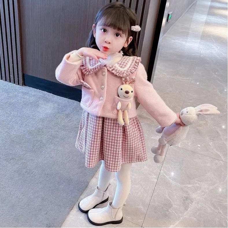 Baby Doll Collar Girl Sweet and Stylish Princess Dress Vest Dress 2024 Autumn and Winter Girls Plaid Dress Jacket Two Pieces