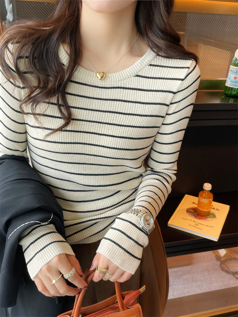 Foreign Trade Striped Round Neck Knitted Shirt Women's Autumn and Winter New Slimming Long-sleeved Slim-fit Sweater Women's Base Shirt Top