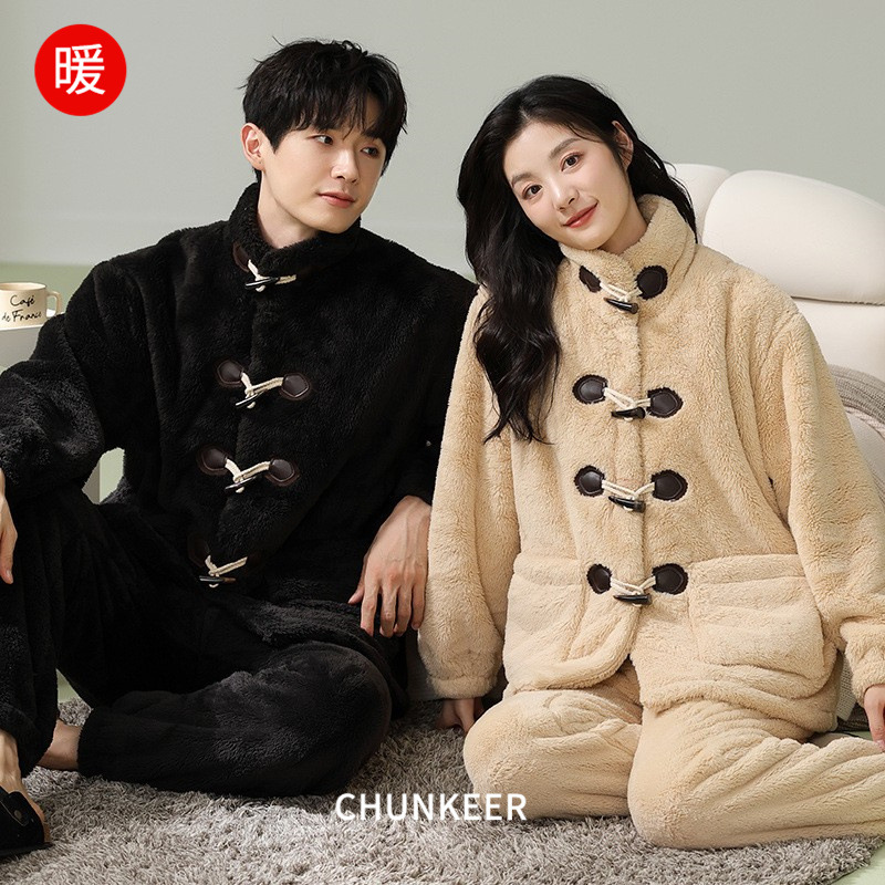 Flannel Couple Pajamas Autumn and Winter Women's Coral Fleece Thickened fleece-lined Home Clothes Men's Winter Cardigan Cute suit