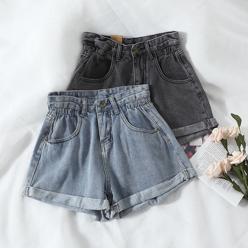 Picture of Elelasticated High Waist Denim Shorts Women's Slim Look Summer 2021 New Korean Style Loose Wide Leg Pants Student Curling Hot Pants Trendy
