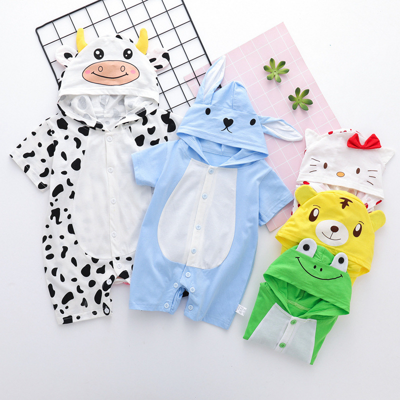 Picture of Cartoon Printed Baby Siamese Clothes for Boys and Girls Baby Short-sleeved Hare Clothes for Newborn Children Climbing Clothes with Open Crotch Thin Summer