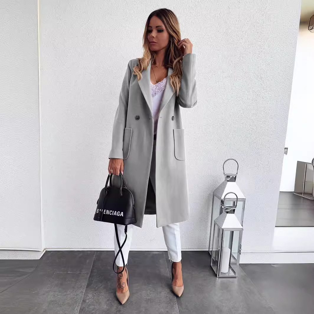 Picture of Ebay AliExpress wish Explosions Europe and America Best Selling Candy Color Lapel Long Coat Woolen Coat Windbreaker Women
