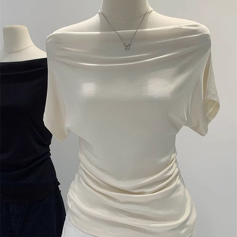 Super Hand-feel Modal Cotton ~ off-shoulder Swing-collar Short-sleeved T-shirt Women's Summer Design Sense Slim-fit Shoulder-exposed Shoulder Tops Trendy