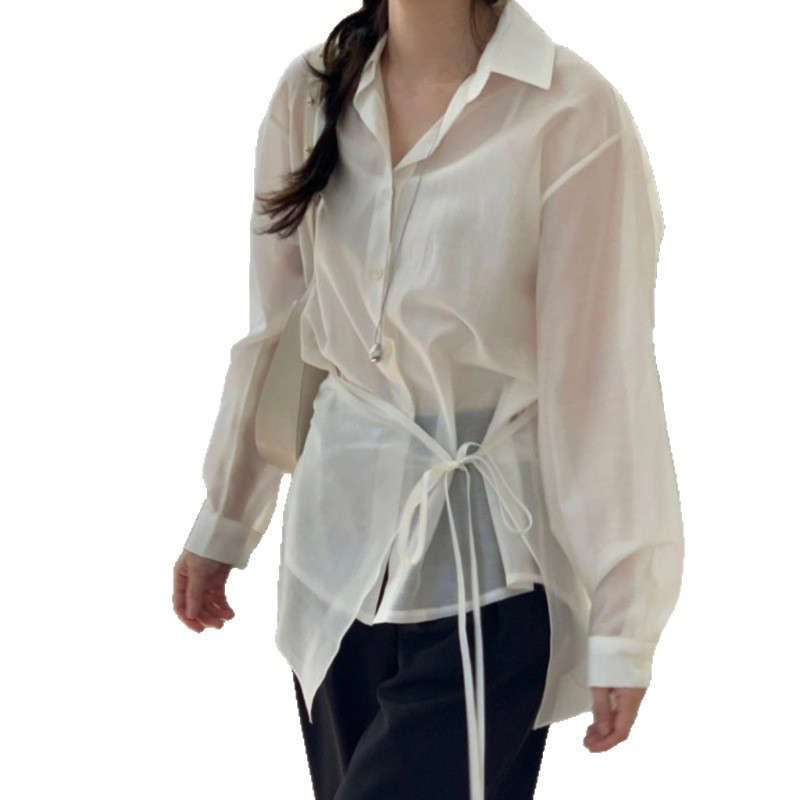 Picture of South Korea chic pre-autumn new French design sense irregular button-down lapel long sleeve shirt drapery two-piece women's set