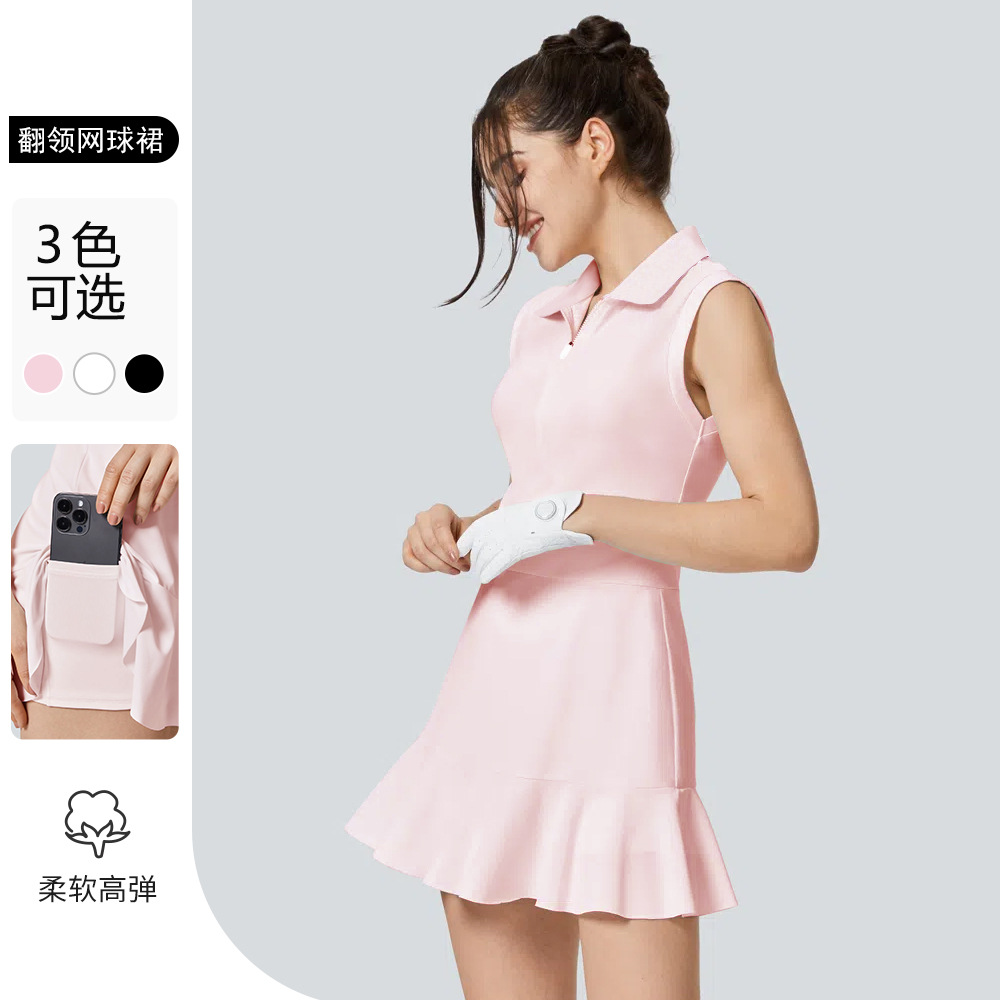European and American Lapel Golf dress Women's Belt Chest Pad Outdoor Sports Badminton Skirt Anti-walking Tennis Skirt
