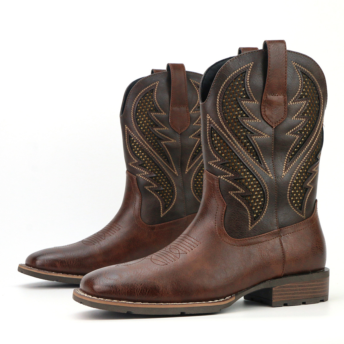 Men's Retro Embroidered Hollow Personalized Fashion Cowboy Boots Striped Embroidered Western Boots