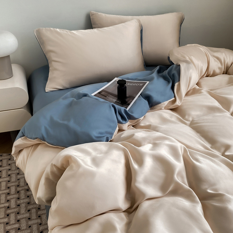 Picture of Summer Light Luxury Solid Color Ice Silk Four-piece Set Class A Cool Bed Sheet Quilt Cover Dormitory Three-piece Set Bed Cover Gift for Hair 4