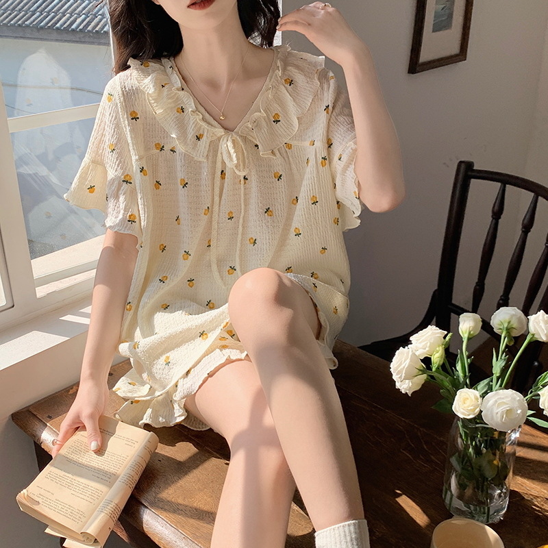New Arrival Pajamas Women's Summer Palace Short-sleeved suit Korean Style Sweet Summer Internet-famous Princess Style Home Clothes for Outer Wear