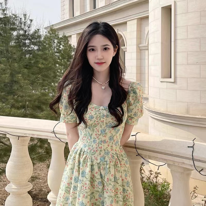 French Style Design Niche Square Collar Bubble Sleeve Floral Princess Dress Summer Slimming Elegant All-match dress Children